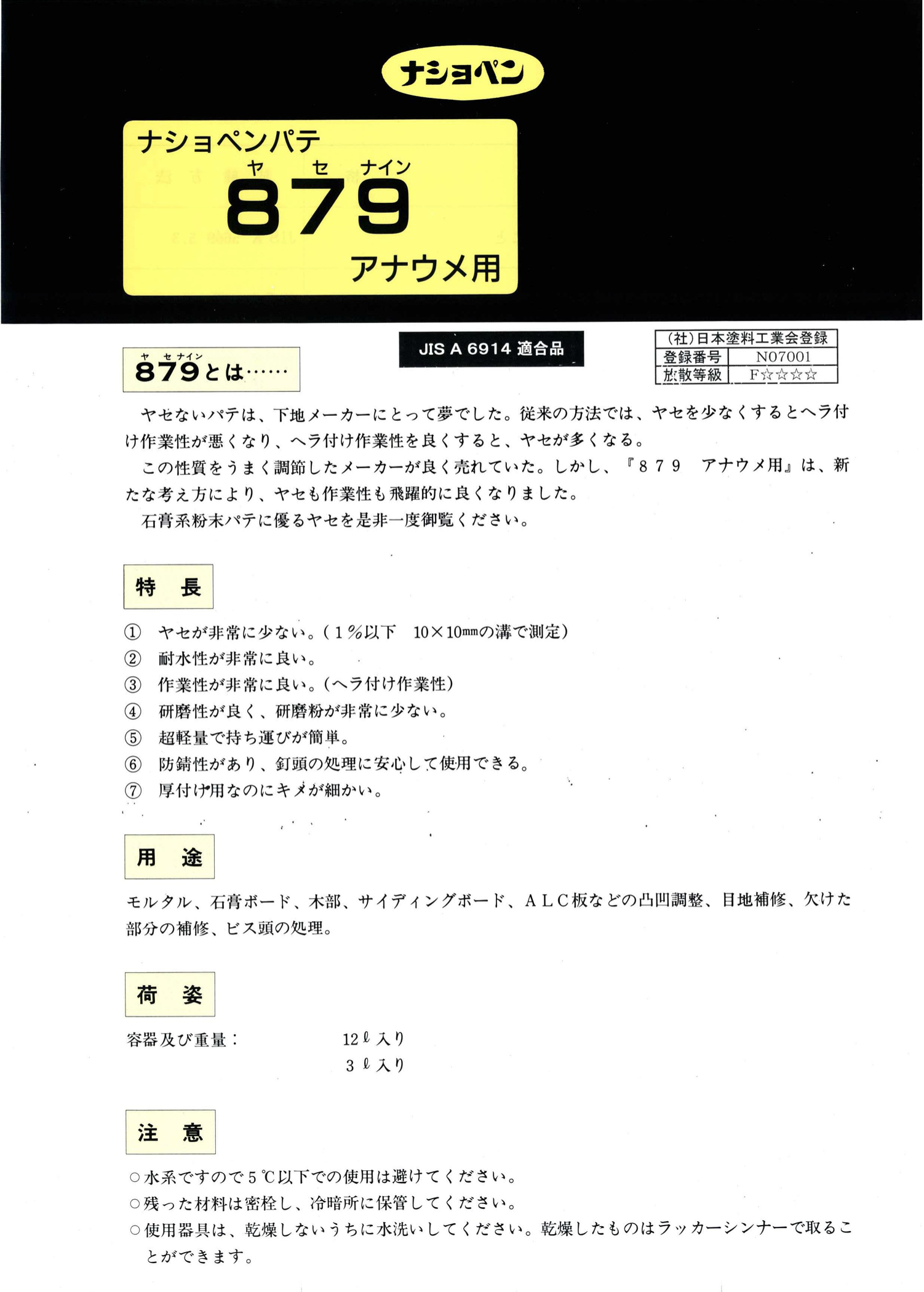 ナショペンパテ879（ヤセナイン）アナウメ用 ＃ヤセが少ない厚付け用