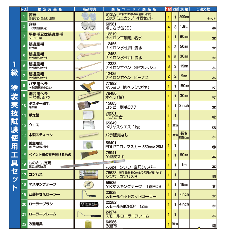 1級塗装実技試験使用工具セット ＃建築塗装作業技能検定実技試験に必要な用品のセットです – 塗料通販・ペンキ販売のPaintStore.JP